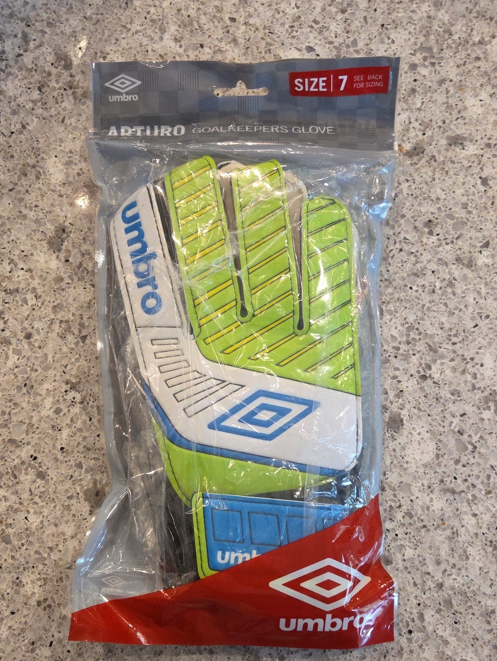 Umbro Lime Green, White & Blue Goalkeeper Gloves NWT Size 7
